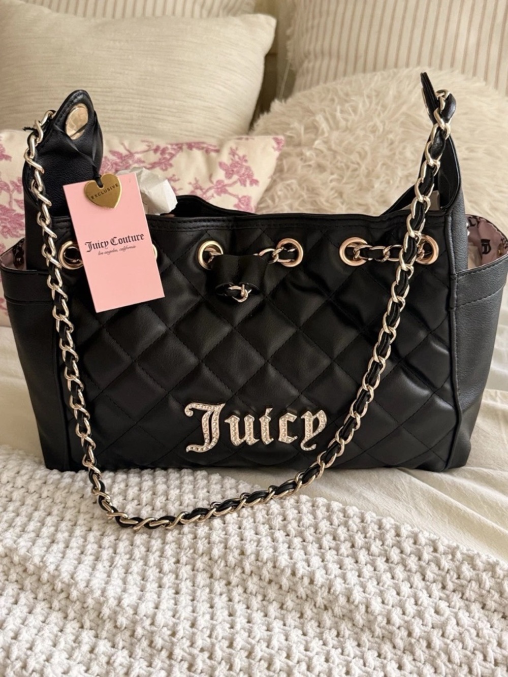 Juicy Couture Black Quilted Shoulder Tote with Chain Detail